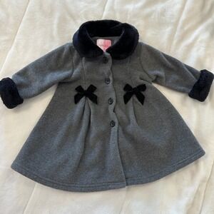 Sophie Rose Baby Girls Gray Fleece Coat with Faux Fur Trim Bows 12 Months